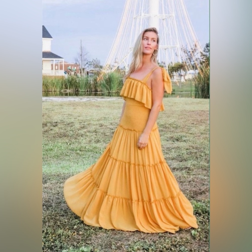 Striking golden yellow tiered maxi dress